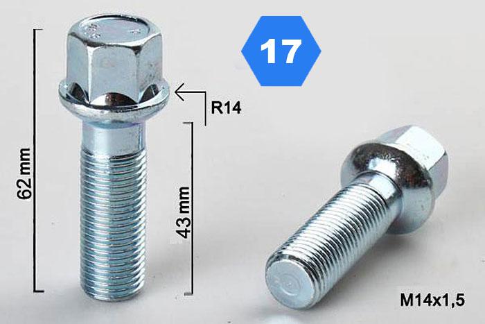 M14x1,5, Radius 14, Wielbout radius, Draadlengte 43mm, SW 17, o.a. Mercedes